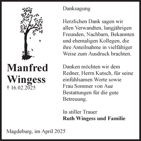 Traueranzeige von Manfred Wingess von Volksstimme Magdeburg