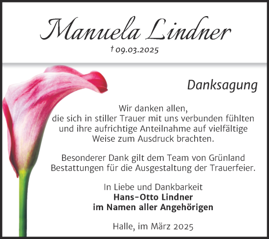 Traueranzeige von Manuela Lindner von Mitteldeutsche Zeitung Halle/Saalkreis