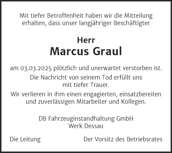 Traueranzeige von Marcus Graul von Mitteldeutsche Zeitung Dessau-Roßlau