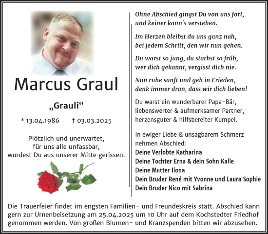 Traueranzeige von Marcus Graul von Trauerkombi Dessau