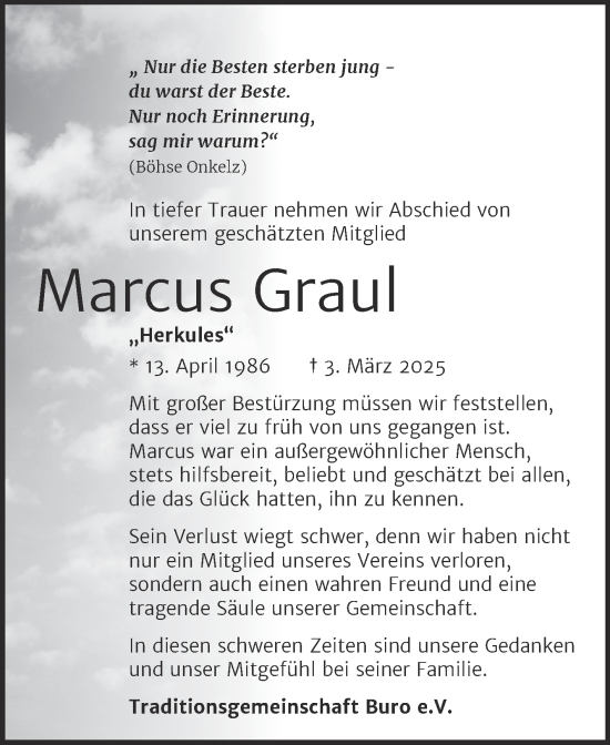Traueranzeige von Marcus Graul von Trauerkombi Wittenberg
