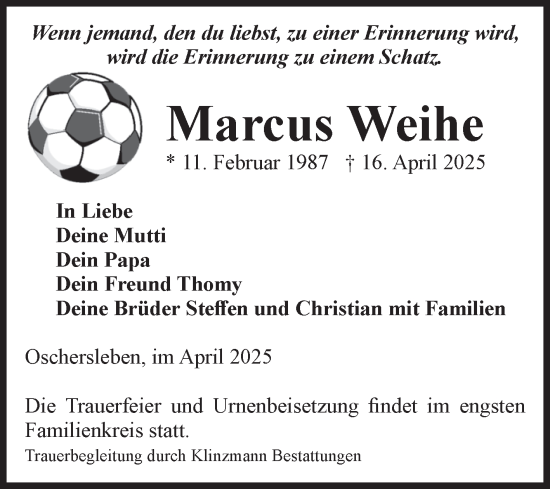 Traueranzeige von Marcus Weihe von Volksstimme Oschersleben/Wanzleben