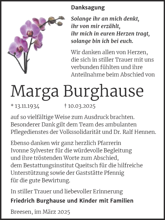 Traueranzeige von Marga Burghause von Trauerkombi Köthen