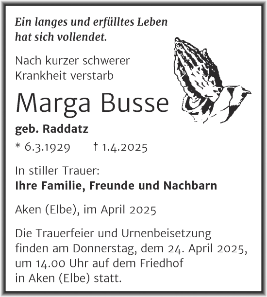 Traueranzeige von Marga Busse von Trauerkombi Köthen