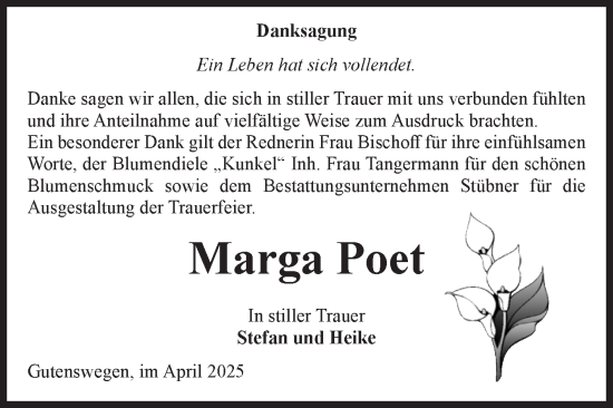 Traueranzeige von Marga Poet von Volksstimme Haldensleben/Wolmirstedt