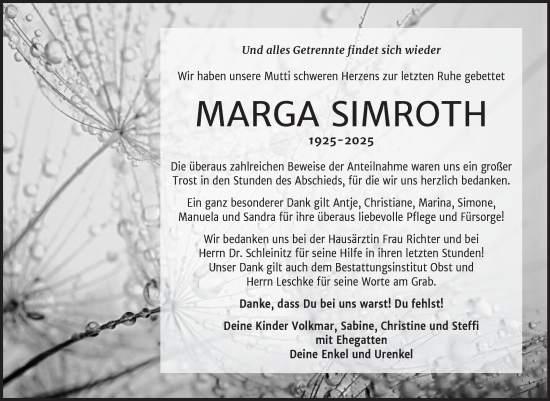 Traueranzeige von Marga Simroth von Trauerkombi Weißenfels