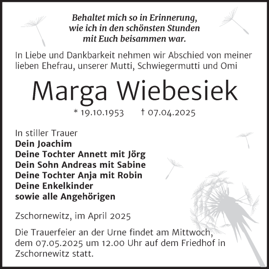 Traueranzeige von Marga Wiebesiek von Trauerkombi Wittenberg