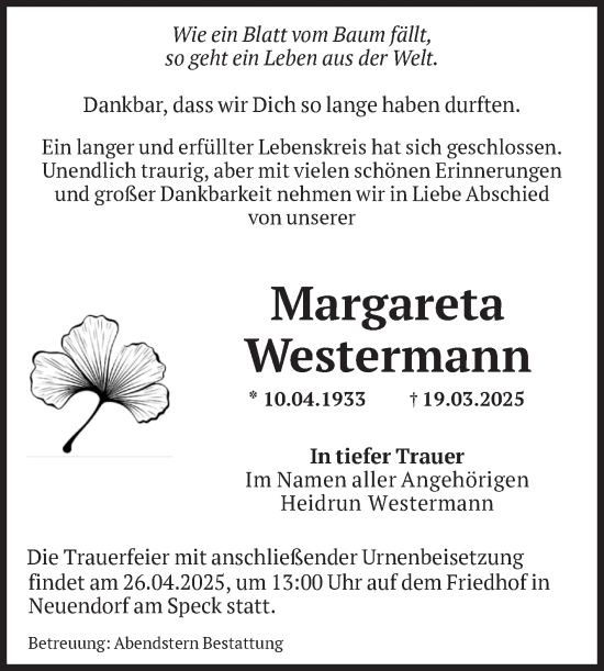 Traueranzeige von Margareta Westermann von Volksstimme Altmark Ost