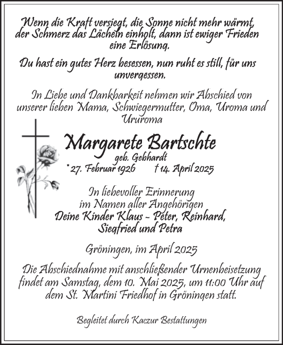 Traueranzeige von Margarete Bartschte von Volksstimme Oschersleben/Wanzleben