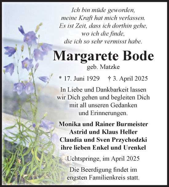 Traueranzeige von Margarete Bode von Volksstimme Altmark Ost