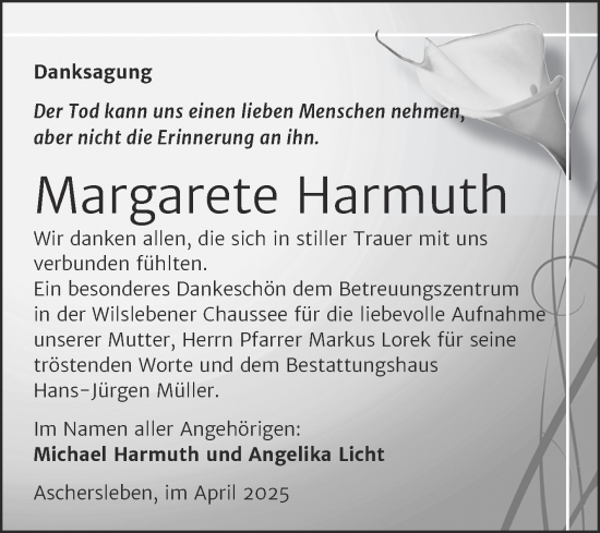 Traueranzeige von Margarete Harmuth von Trauerkombi Aschersleben
