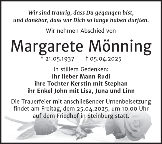 Traueranzeige von Margarete Mönning von Super Sonntag Naumburg/Nebra
