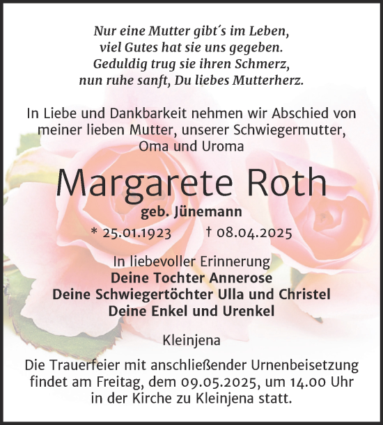 Traueranzeige von Margarete Roth von Super Sonntag Naumburg/Nebra
