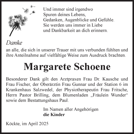 Traueranzeige von Margarete Schoene von Volksstimme Altmark West