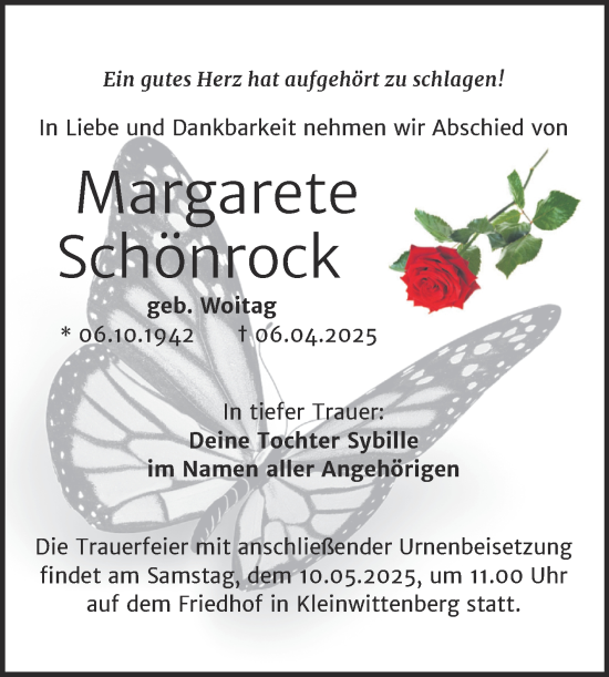 Traueranzeige von Margarete Schönrock von Trauerkombi Wittenberg