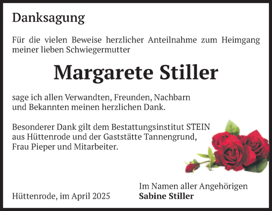 Traueranzeige von Margarete Stiller von Volksstimme Wernigerode