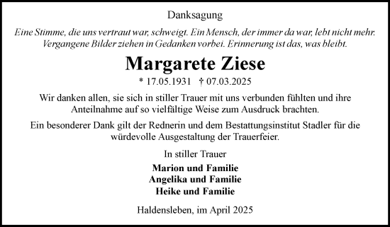 Traueranzeige von Margarete Ziese von Volksstimme Haldensleben/Wolmirstedt