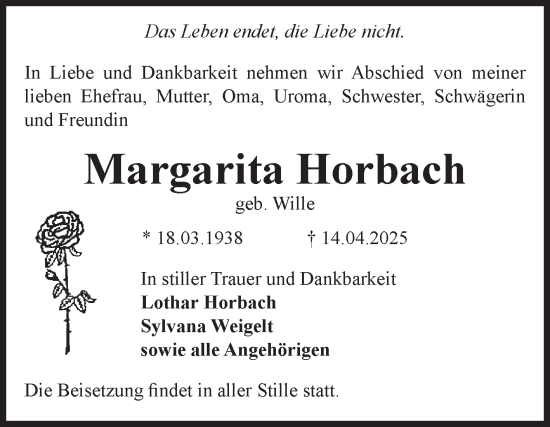 Traueranzeige von Margarita Horbach 