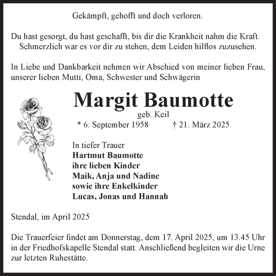 Traueranzeige von Margit Baumotte von Volksstimme Altmark Ost