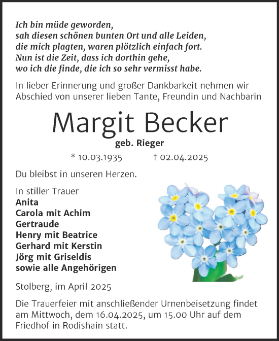 Traueranzeige von Margit Becker von Trauerkombi Sangerhausen