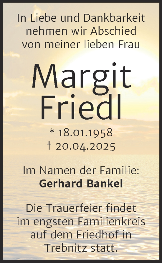 Traueranzeige von Margit Friedl von Trauerkombi Bernburg