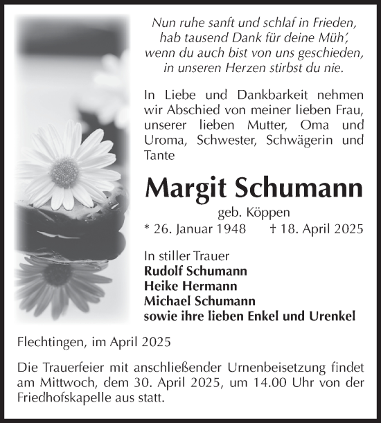 Traueranzeige von Margit Schumann von Volksstimme Haldensleben/Wolmirstedt