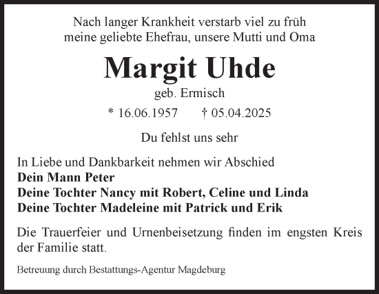 Traueranzeige von Margit Uhde von Volksstimme Magdeburg