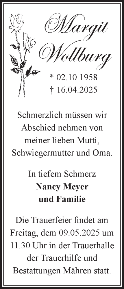 Traueranzeige von Margit Wollburg von Volksstimme Altmark West