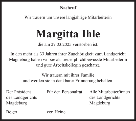 Traueranzeige von Margitta Ihle von Volksstimme Magdeburg