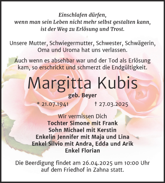 Traueranzeige von Margitta Kubis von Trauerkombi Wittenberg