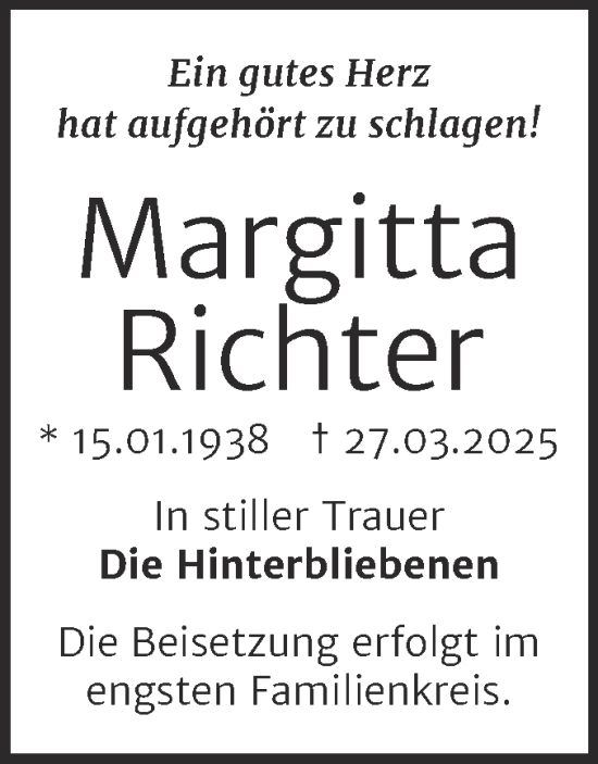 Traueranzeige von Margitta Richter von Trauerkombi Bernburg