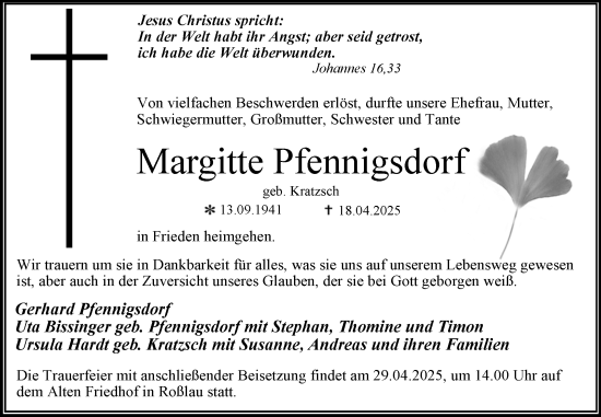 Traueranzeige von Margitte Pfennigsdorf von Trauerkombi Dessau