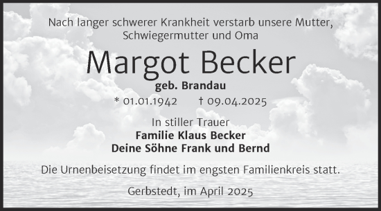 Traueranzeige von Margot Becker von Trauerkombi Mansfelder Land