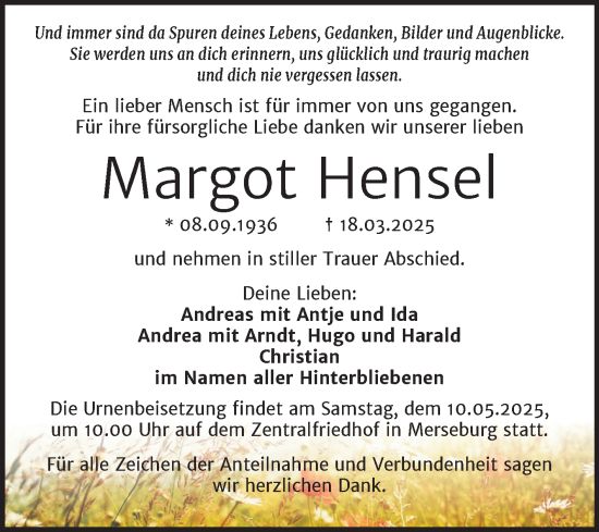Traueranzeige von Margot Hensel von Trauerkombi Zeitz