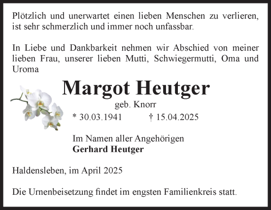 Traueranzeige von Margot Heutger von Volksstimme Haldensleben/Wolmirstedt