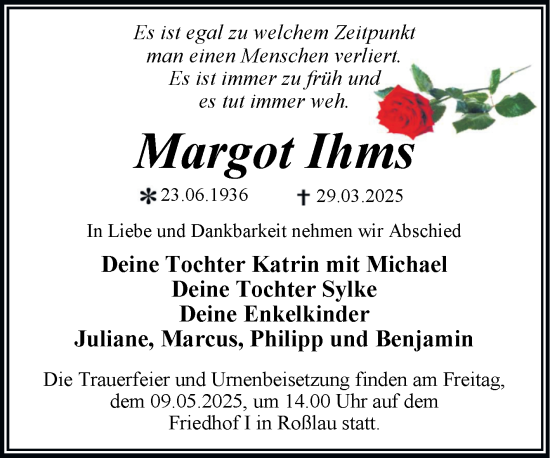 Traueranzeige von Margot Ihms von Trauerkombi Dessau