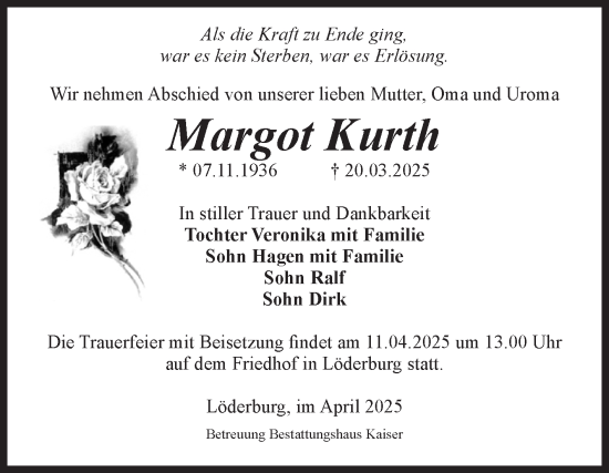 Traueranzeige von Margot Kurth von Volksstimme Staßfurt