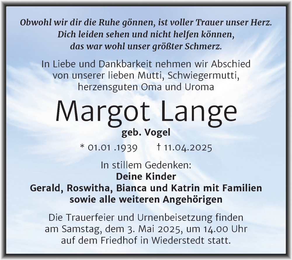  Traueranzeige für Margot Lange vom 17.04.2025 aus Trauerkombi Mansfelder Land
