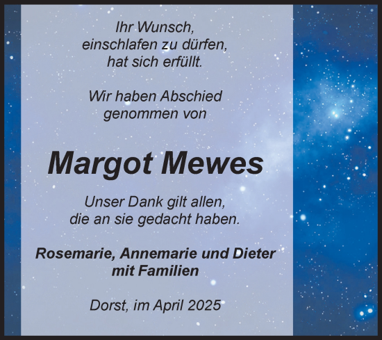 Traueranzeige von Margot Mewes von Volksstimme Haldensleben/Wolmirstedt