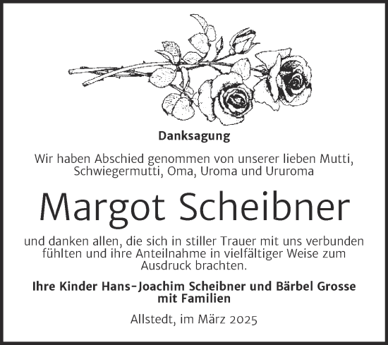 Traueranzeige von Margot Scheibner von Trauerkombi Sangerhausen