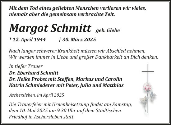 Traueranzeige von Margot Schmitt von Trauerkombi Aschersleben