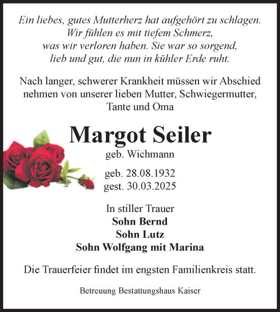Traueranzeige von Margot Seiler von Volksstimme Staßfurt