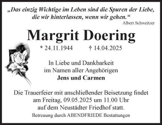 Traueranzeige von Margrit Doering von Volksstimme Magdeburg