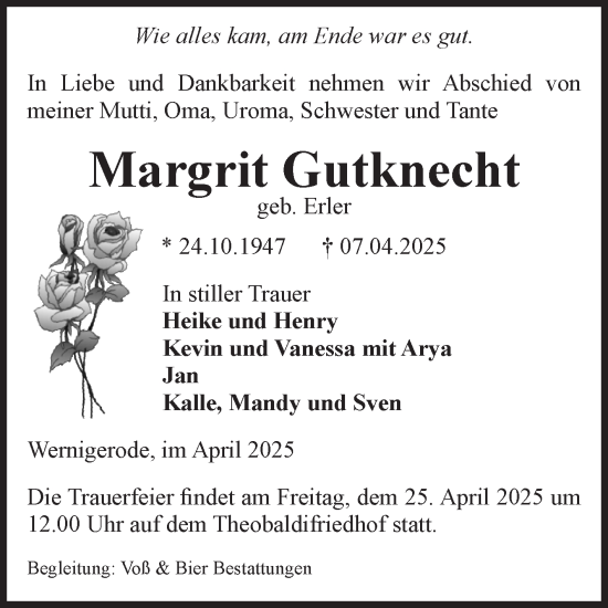 Traueranzeige von Margrit Gutknecht von Volksstimme Wernigerode