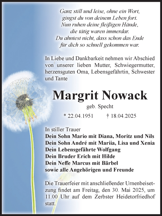 Traueranzeige von Margrit Nowack von Volksstimme Zerbst