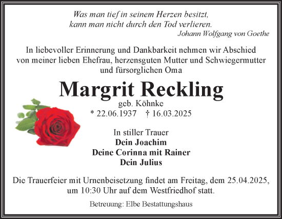 Traueranzeige von Margrit Reckling von Volksstimme Magdeburg