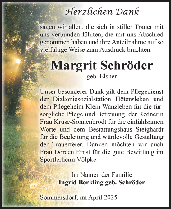 Traueranzeige von Margrit Schröder von Volksstimme Oschersleben/Wanzleben