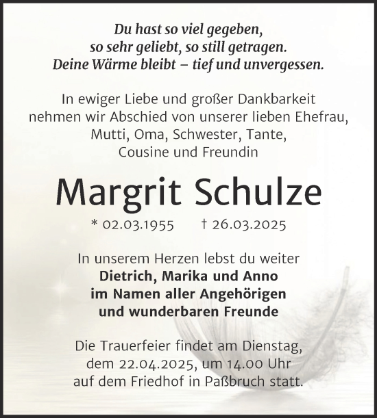 Traueranzeige von Margrit Schulze von Trauerkombi Sangerhausen