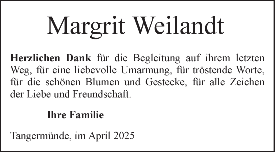 Traueranzeige von Margrit Weilandt von Volksstimme Altmark Ost