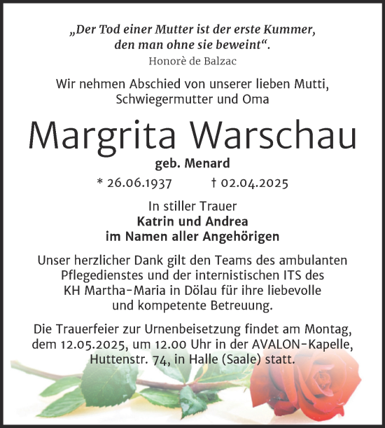 Traueranzeige von Margrita Warschau von Mitteldeutsche Zeitung Halle/Saalkreis
